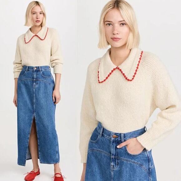 NEW The Great. Crochet Collar Mid-Weight Knit Long Sleeve Soft White Cherry - Picture 7 of 7